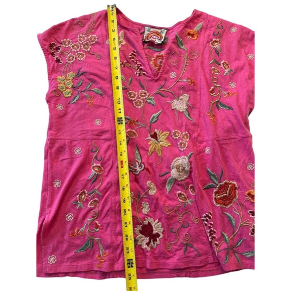 Johnny Was Pink Embroidered Floral Blouse Short Sleeve V-Neck M - Picture 7 of 9